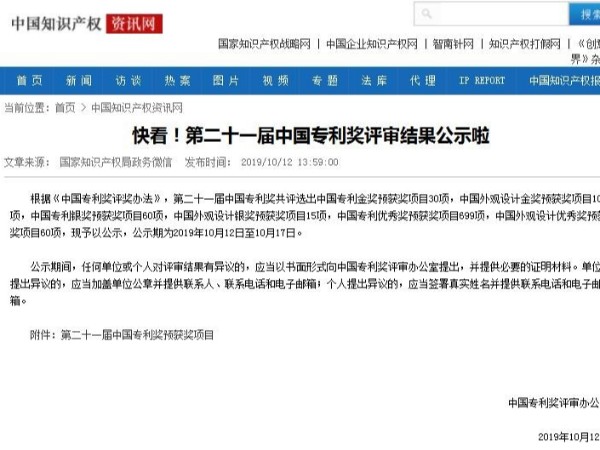 快看！第二十一屆中國專利獎評審結(jié)果公示啦